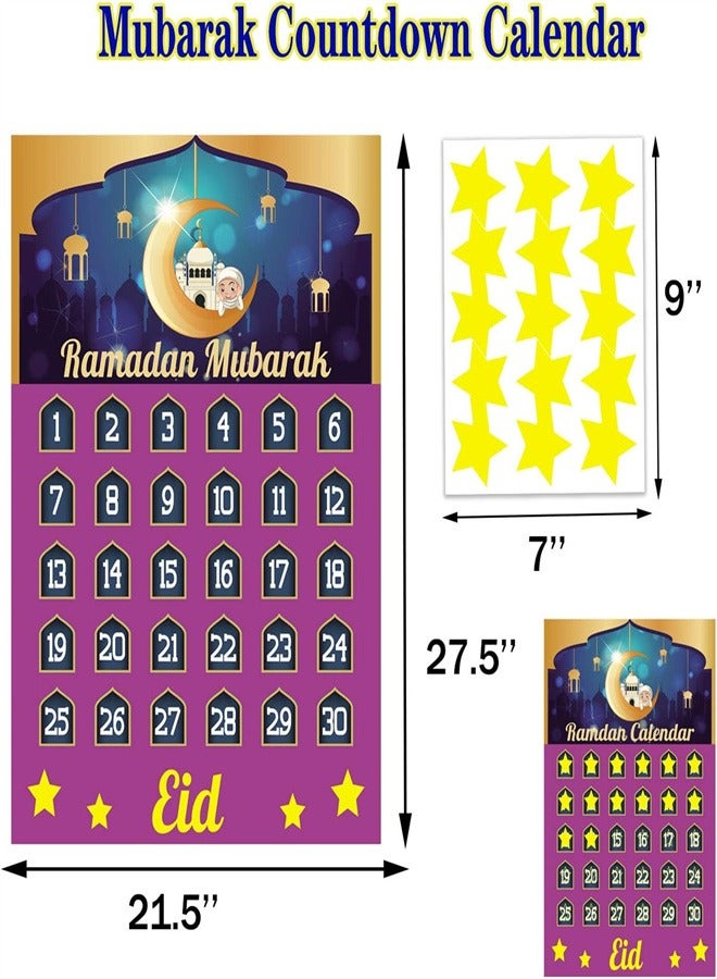 Ramadan Advent Calendar, Ramadan Mubarak Countdown Decorations, 30 Days and 30 Reusable Stars Poster Calendar Eid Mubarak Reusable Stars Ramadan Mubarak Decor for Home Kids Gift