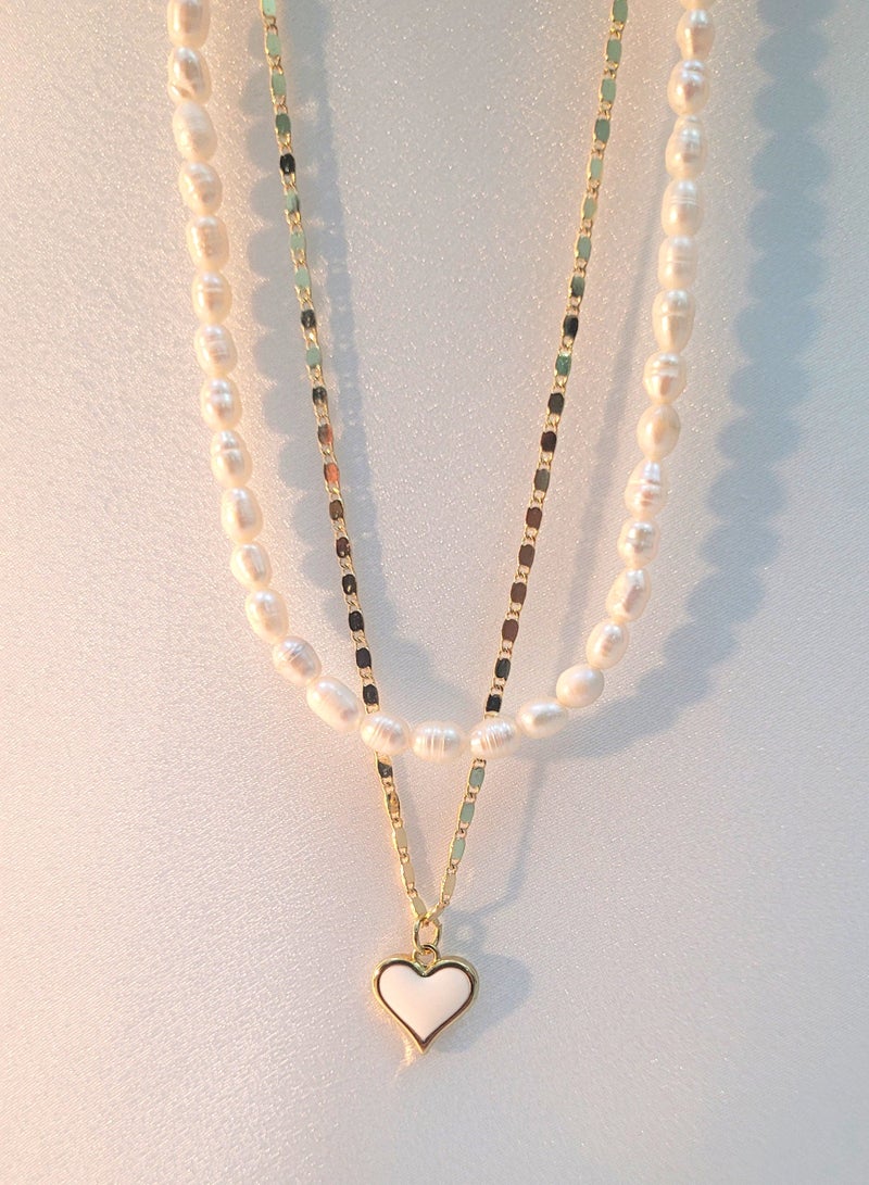 Minorisa Elegant Two-Piece Necklace Set | 18K Gold-Plated Chain | 20K Gold Plated Heart Shape Pendant | Freshwater Pearl Necklace - Image 1