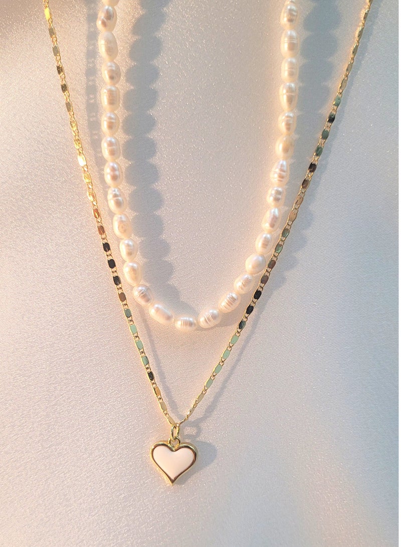 Minorisa Elegant Two-Piece Necklace Set | 18K Gold-Plated Chain | 20K Gold Plated Heart Shape Pendant | Freshwater Pearl Necklace - Image 3