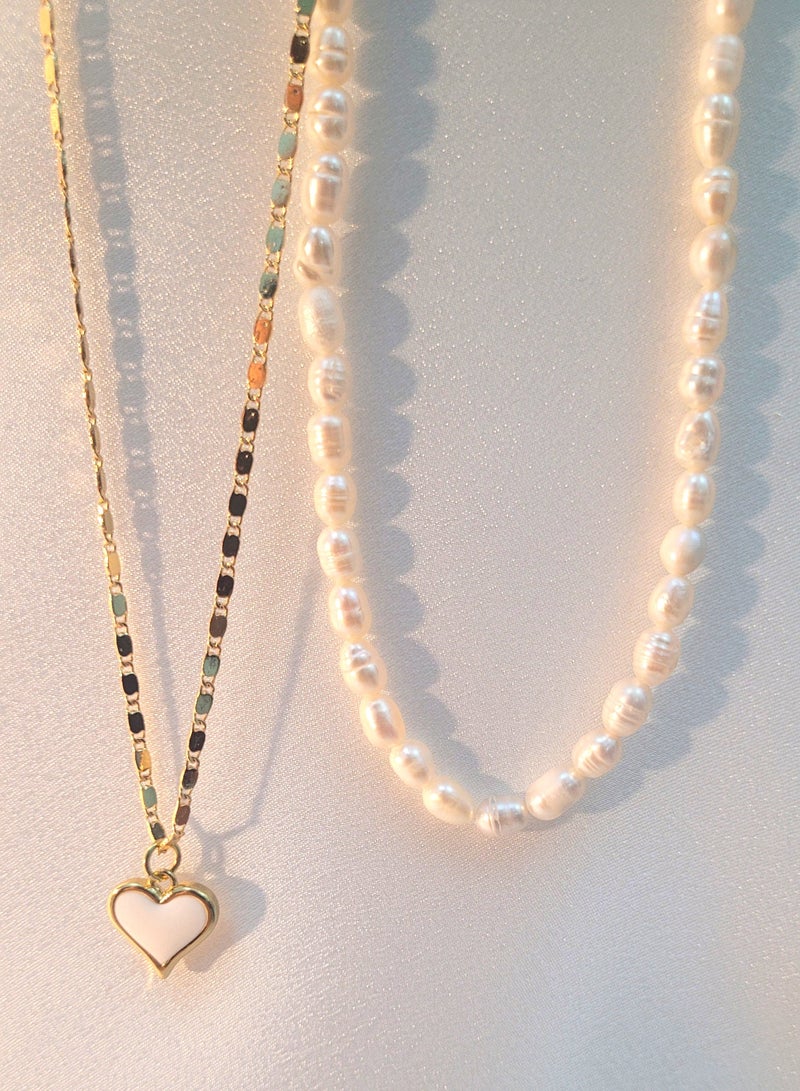 Minorisa Elegant Two-Piece Necklace Set | 18K Gold-Plated Chain | 20K Gold Plated Heart Shape Pendant | Freshwater Pearl Necklace - Image 4