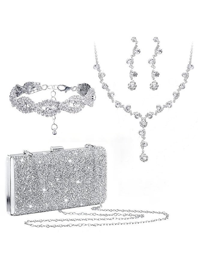 4Pcs Clutch Bag Rhinestone Jewelry Set with Necklace Earrings Bracelets Rhinestone Purse Bag Evening Bag Wedding Bridal Bridesmaid Costume Jewelry Set for Women and Girls Dress Accessories - Image 1