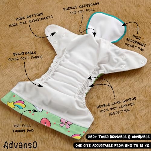 Advanso Leakage Proof cloth diapers for babies, high absorbent 4 reusable diaper 4 insert pad combo pack washable cloth diaper free size 5-18kg adjustable pocket cover P42 - Image 3