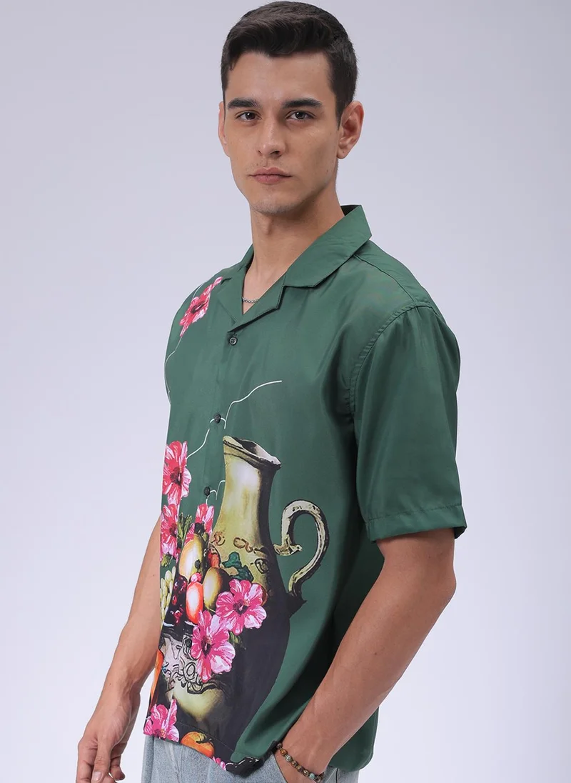 ذا انديان كراج كو Men Oversized Graphic Print Half Sleeves Cuban Collar Street Wear Shirt