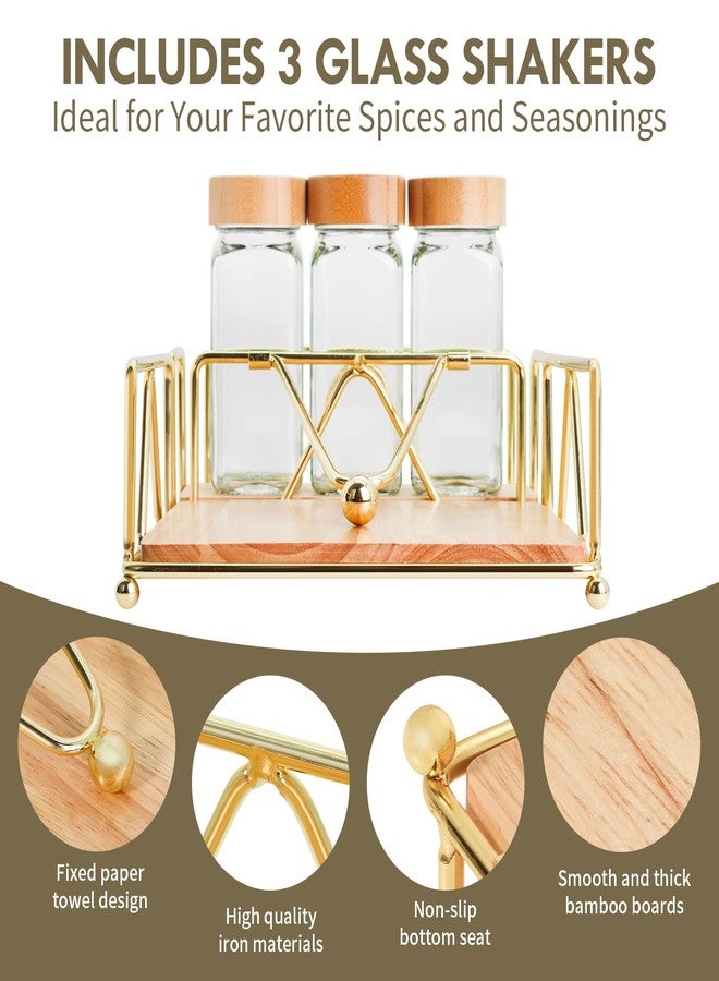 biroris Metal Napkin Holder, Flat Napkin Holder with Wooden Base, Includes Salt and Pepper Shakers (Gold) - Image 3