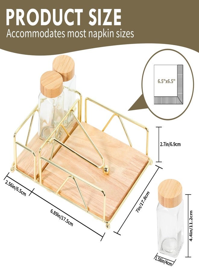biroris Metal Napkin Holder, Flat Napkin Holder with Wooden Base, Includes Salt and Pepper Shakers (Gold) - Image 2