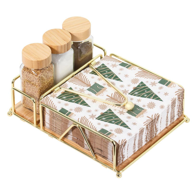 biroris Metal Napkin Holder, Flat Napkin Holder with Wooden Base, Includes Salt and Pepper Shakers (Gold) - Image 1