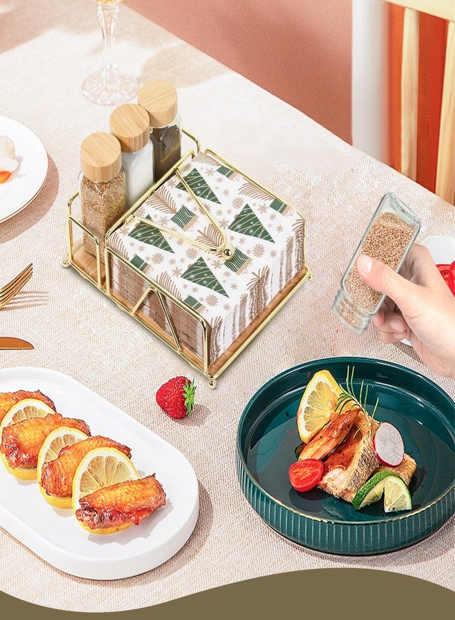 biroris Metal Napkin Holder, Flat Napkin Holder with Wooden Base, Includes Salt and Pepper Shakers (Gold) - Image 5