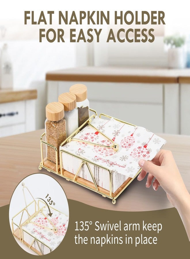 biroris Metal Napkin Holder, Flat Napkin Holder with Wooden Base, Includes Salt and Pepper Shakers (Gold) - Image 4