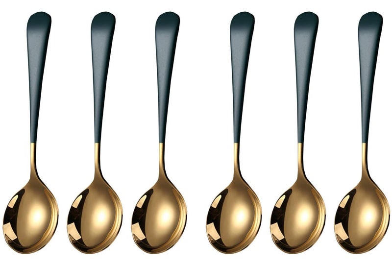 Potency 6 Pcs Premium Gold Green Soup Spoons, Thick Heavy Duty Stainless Steel Dessert Spoons, Deep Spoons for Bouillon Milk Soup Hot Chocolate Tea, Party Family Children Lover Gift, 7.1-inch - Image 1
