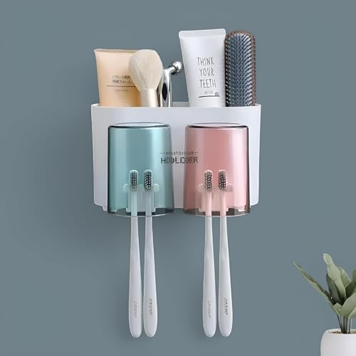 MosQuick®Bathroom Organiser Without Drill Tooth Brush Holder Bathroom with 2 Inverted Cups Brush Holder for Bathroom Bathroom Accessories Set Toothbrush Holders for Bathroom wall Toothbrush Holder - Image 1