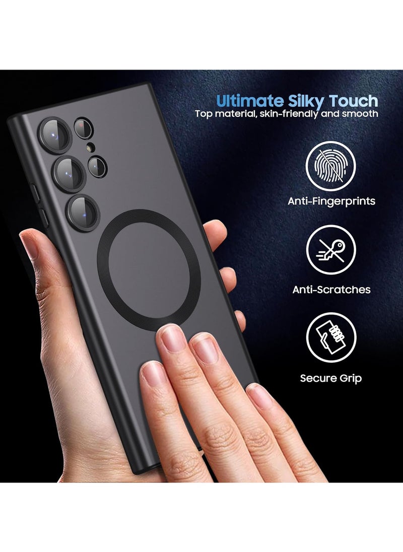 Slim Soft Silicone Matte Case with Camera Lens Protector With Stable Magnetic Shockproof For Samsung Galaxy S23 Ultra (Black)