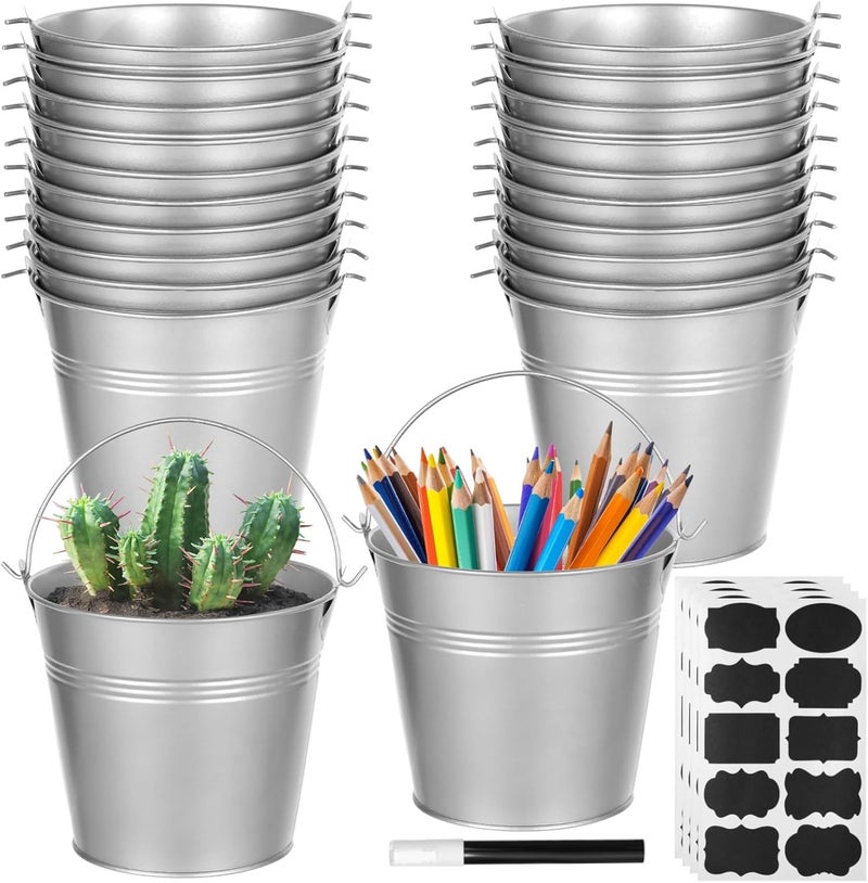 30-Pc Mini Galvanized Metal Buckets — Silver Iron Pails w/Handles, Erasable Stickers & Chalk Marker; ~5.1×4.5″; for DIY Crafts, Flower Pots, Wedding & Home Decor - Image 1