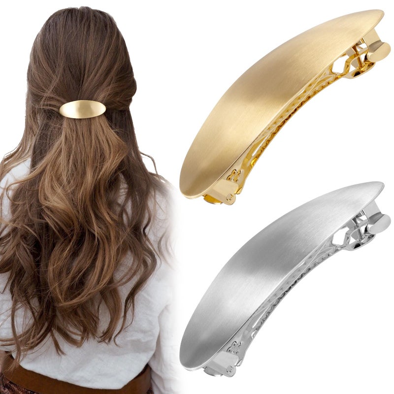 CustomyLife 2pcs 3inch French Metal Oval Hair Barrettes for Women, Non-Slip Simple Large Hair Clip, Vintage Gold Silver Wedding Prom Formal Hair Accessories for Women Girls Long Thick Hair - Image 1