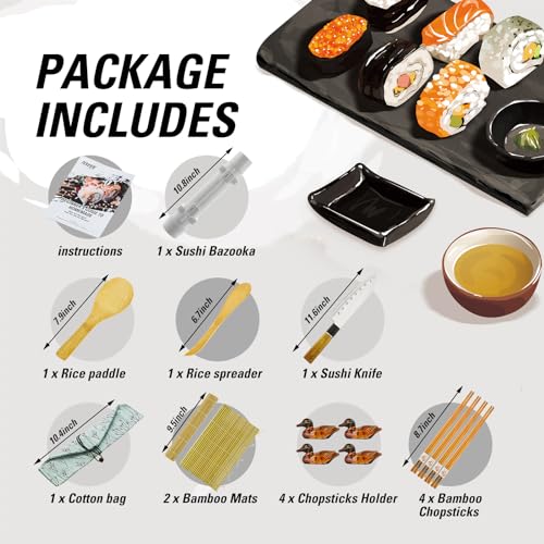 ISSEVE Sushi Making Kit Sushi Bazooka Maker with Bamboo Mats and Chopsticks, Paddle, Spreader, Sushi Knife, DIY Sushi Roller Machine - Image 2