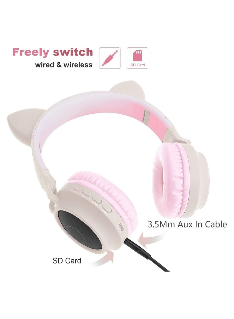Wireless Bluetooth Kids Headphones, Cat Ears Bluetooth Over Ear Headphones Volume Limiting,LED Lights, FM Radio, TF Card, Aux, Mic for iPhone - Image 4