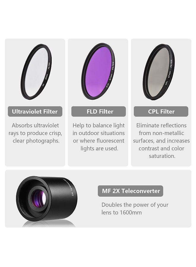 Camera MF Super Telephoto Zoom Lens F/8.3-16 420-800mm T Mount + UV/CPL/FLD Filters Set +2X 420-800mm Teleconverter Lens + T2-AI Adapter Ring Replacement  - Image 4
