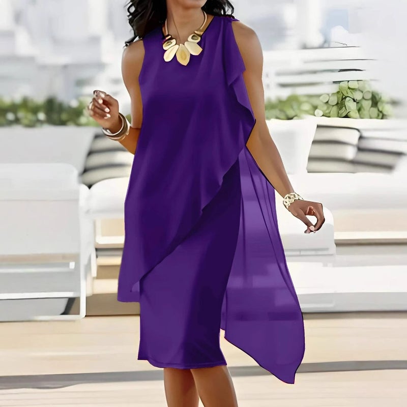 2025Wish Independent Station Summer Urban Feminine Elegant Irregular Chiffon Sleeveless Dress - Image 3