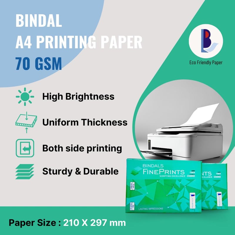BINDALS Bindal White Copier Paper | A4 Size | 70 GSM | 2 Reams & 500 Sheets per ream | Bright Plain Printing Paper | Fine Quality & Eco-friendly - Image 3