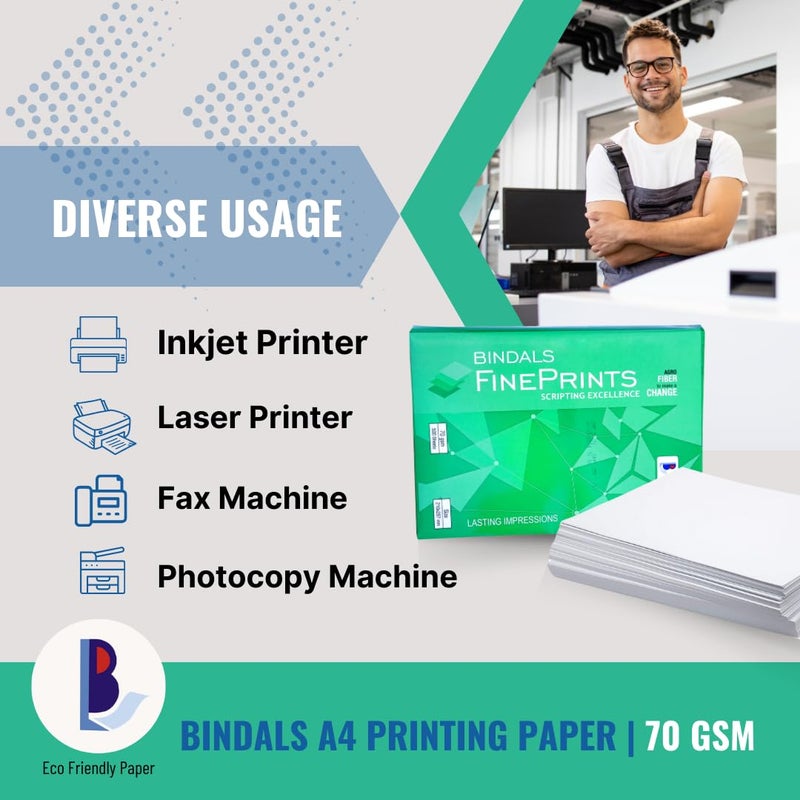 BINDALS Bindal White Copier Paper | A4 Size | 70 GSM | 2 Reams & 500 Sheets per ream | Bright Plain Printing Paper | Fine Quality & Eco-friendly - Image 4