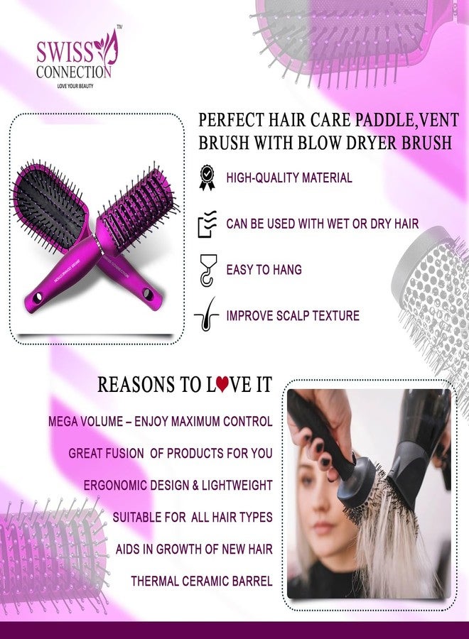 Swiss Connection Premium Detangling, Vent, and Blow Dry Brushes, Professional Hair Brush Set for Women & Teen Girls, Gifts Set for All Hair Types, Drying Vented Hair Brush Set for Hair Styling - 3Pcs - Image 5
