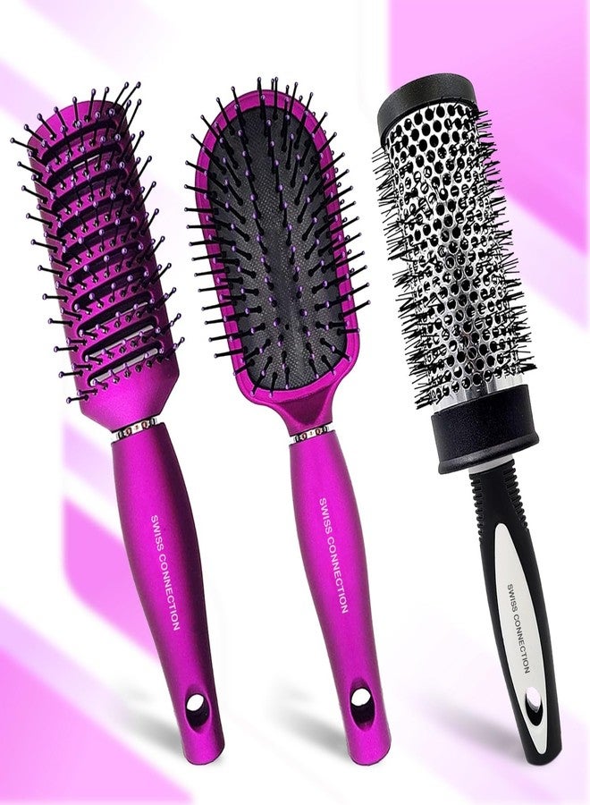 Swiss Connection Premium Detangling, Vent, and Blow Dry Brushes, Professional Hair Brush Set for Women & Teen Girls, Gifts Set for All Hair Types, Drying Vented Hair Brush Set for Hair Styling - 3Pcs - Image 1
