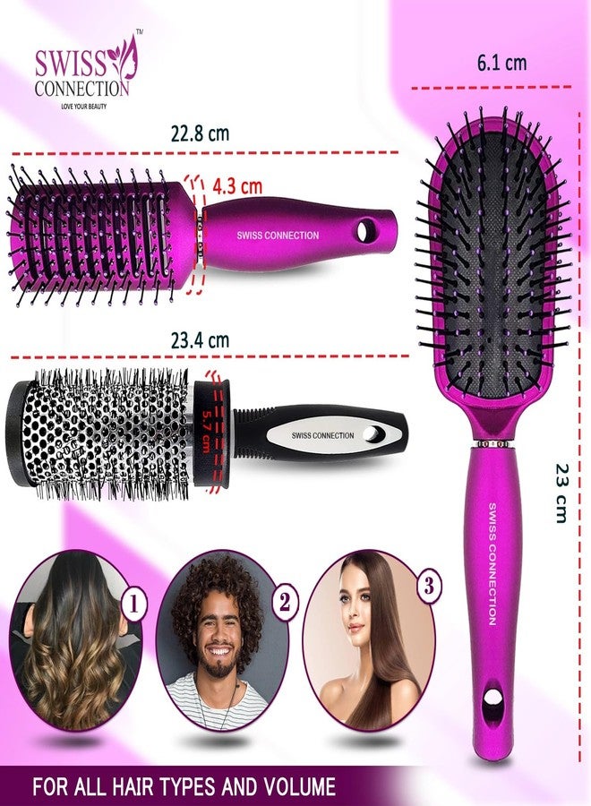 Swiss Connection Premium Detangling, Vent, and Blow Dry Brushes, Professional Hair Brush Set for Women & Teen Girls, Gifts Set for All Hair Types, Drying Vented Hair Brush Set for Hair Styling - 3Pcs - Image 2