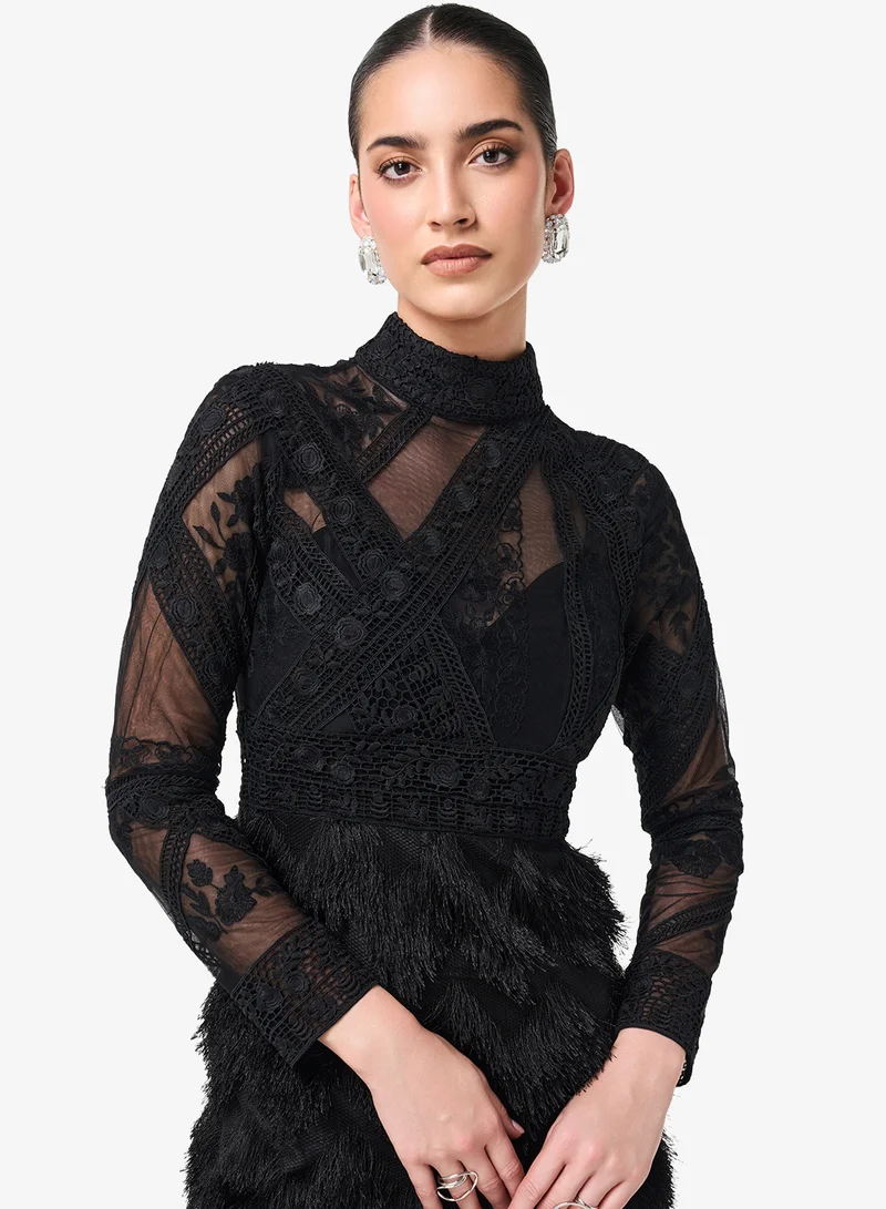 Threadz by Ajooni  Lace Detail High Neck Midi Dress for Women | Best Price UAE