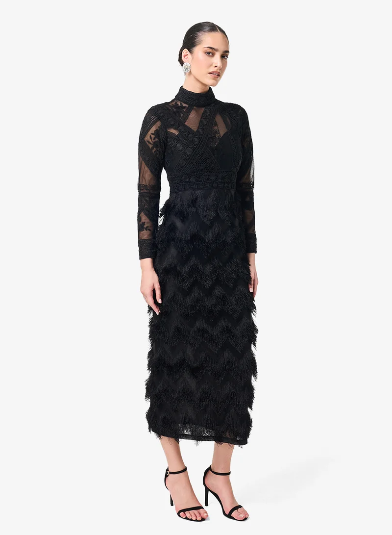 Threadz by Ajooni  Lace Detail High Neck Midi Dress for Women | Best Price UAE