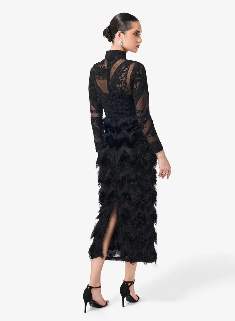 ثريدز باي اجوني فستان ميدي بياقة عالية وتفاصيل دانتيل