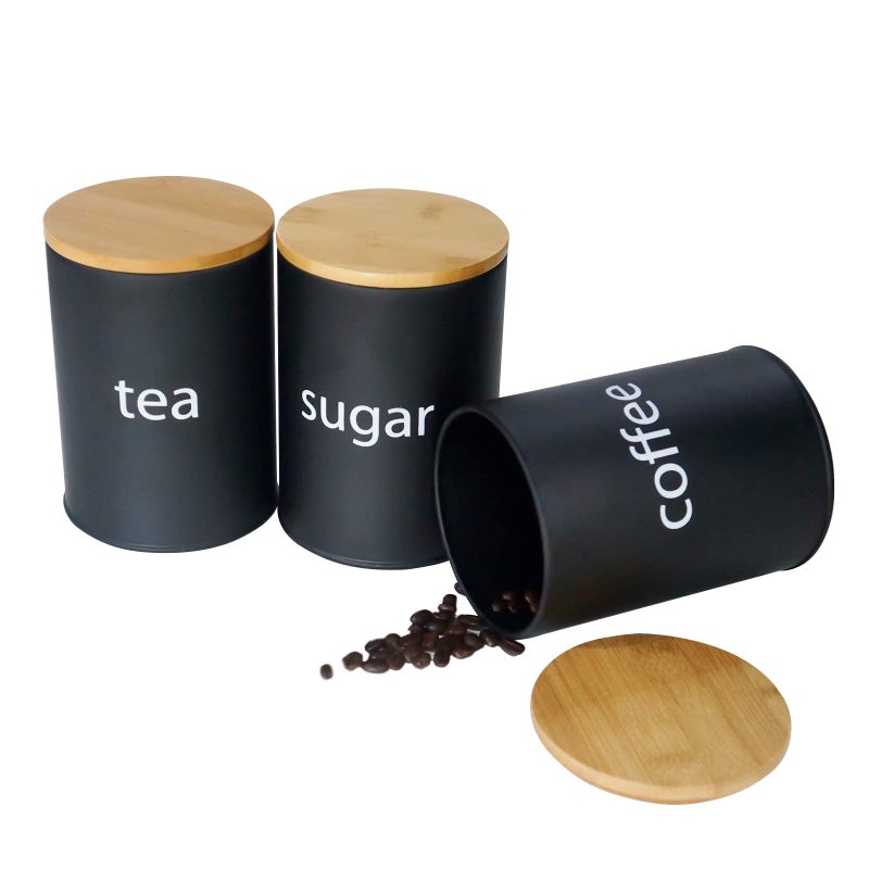 SOTECH Metal Food Storage Jar Farmhouse Coffee Canisters with Bamboo Lids,Black Kitchen Canisters Set of 3 Decorative Canisters for Kitchen Counter,Home Decor,Sugar Coffee and Tea Container Set - Image 1