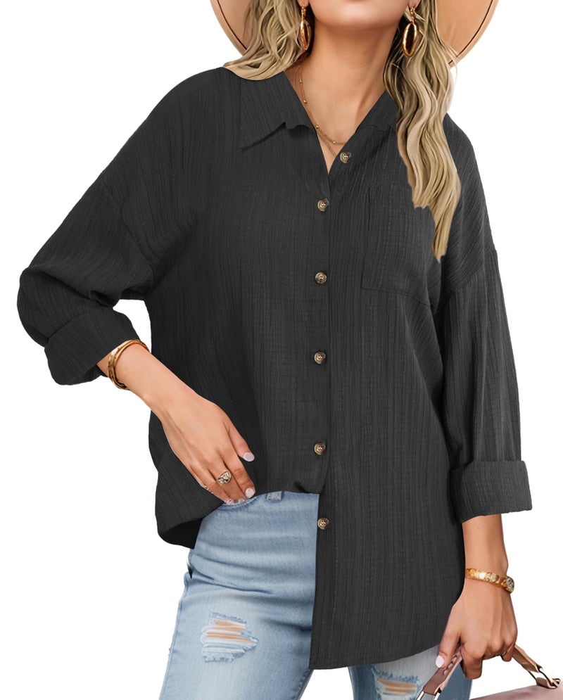 Neweek Women Casual Button Down Linen Shirt Long Sleeve Textured Collared Blouses Summer Loose Fit Work Dress Shirts Black - Image 1