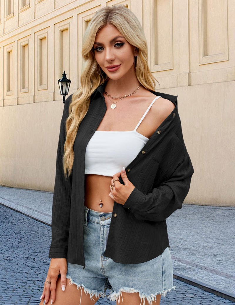 Neweek Women Casual Button Down Linen Shirt Long Sleeve Textured Collared Blouses Summer Loose Fit Work Dress Shirts Black - Image 4