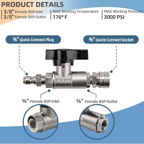Sconva DN10 Ball Valve for Pressure Washer 38 Quick Connect Ball Valve for Pressure Power Washer Gun Hose with Stainless Steel Coupler Plug 3000 PSI 38 Female BSP - Image 3