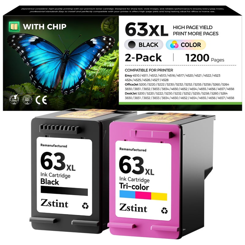Zstint 63XL Ink Cartridges 2 Pack High Yield with Chip Replacement for HP 63 63xl Ink Compatible with HP Officejet 3830 4650 4655 5255 5258 5200 Envy 4510 4512 4520 4650 Deskjet 2130 2132 3630 3634 Printer - Image 1