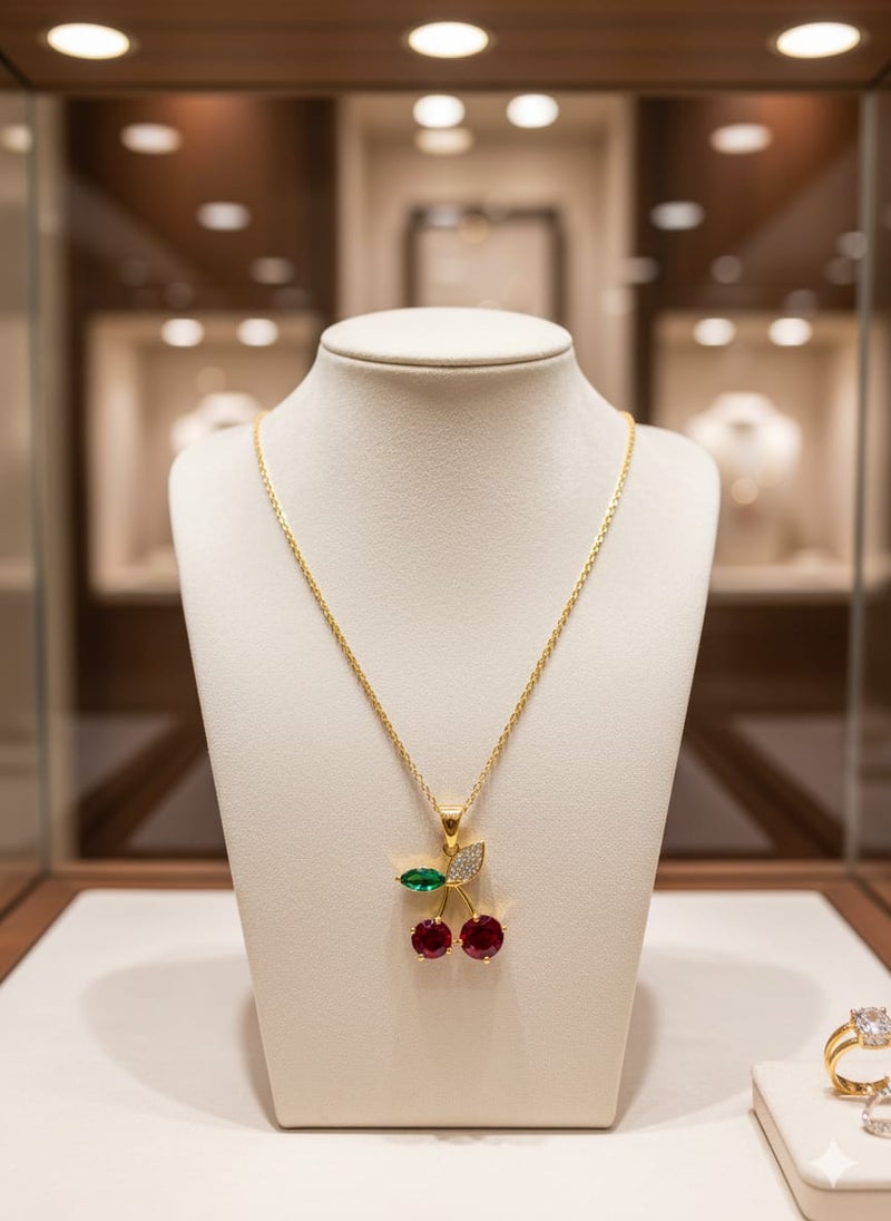 كوليه رقيق بسلسلة مطلية باللون الذهبي ، تحمل تعليقة كرز بلون أحمر ، وأحجار لامعة - مع أوراق صغيرة خضراء زاهية - قابلة للتعديل لتناسب طولكِ المفضل . - Image 3