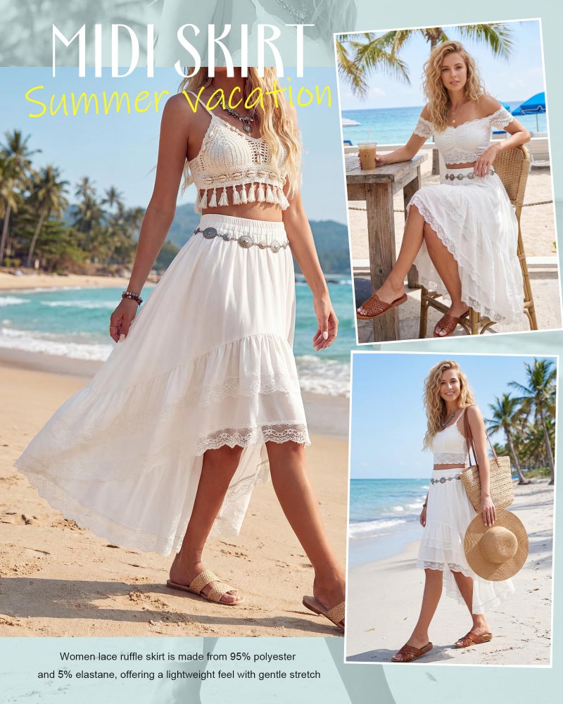 Cutecrop Women Asymmetrical Lace Ruffle Skirt Western Boho Skirt Elastic Waist Flowy Layered High Low Cowgirl Country Dress(White,L) - Image 4