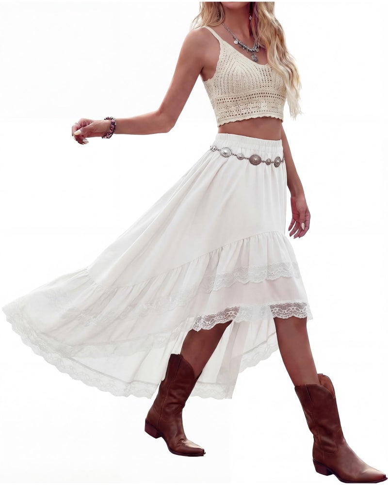 Cutecrop Women Asymmetrical Lace Ruffle Skirt Western Boho Skirt Elastic Waist Flowy Layered High Low Cowgirl Country Dress(White,L) - Image 1