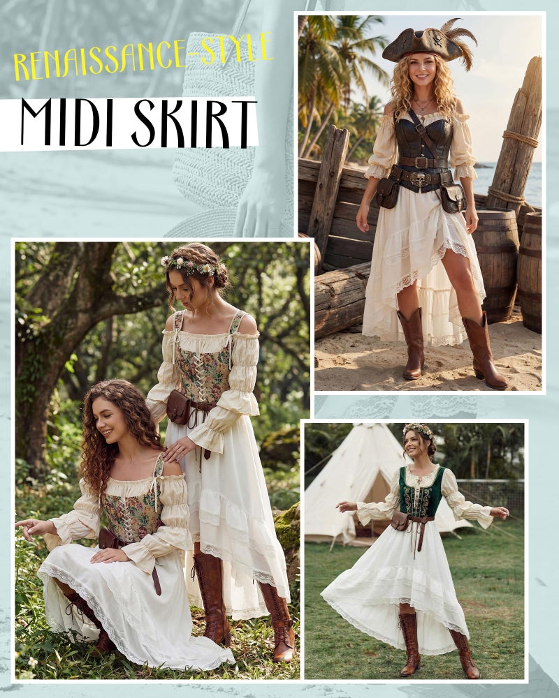 Cutecrop Women Asymmetrical Lace Ruffle Skirt Western Boho Skirt Elastic Waist Flowy Layered High Low Cowgirl Country Dress(White,L) - Image 5