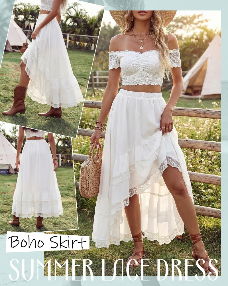 Cutecrop Women Asymmetrical Lace Ruffle Skirt Western Boho Skirt Elastic Waist Flowy Layered High Low Cowgirl Country Dress(White,L) - Image 2