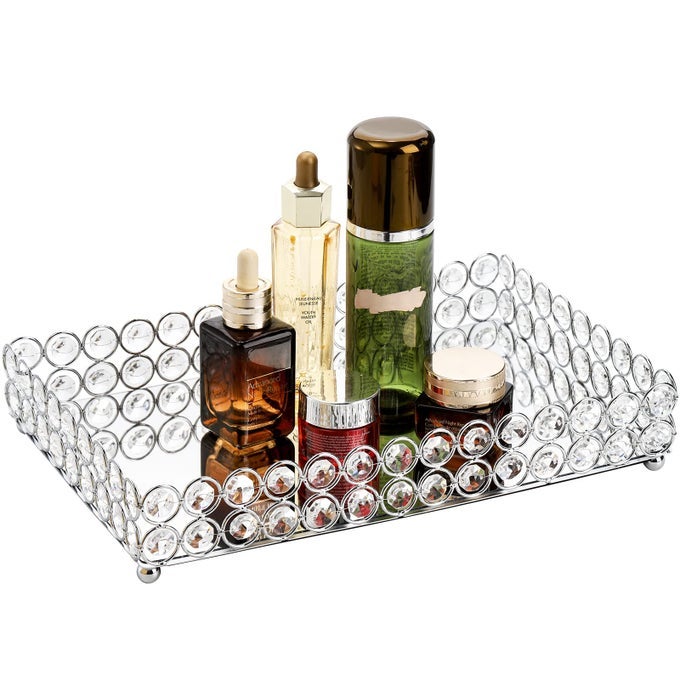 CRYSTAL COSMETIC MIRRORED MAKEUP TRAY 123 X 8 LARGE JEWELRY ORGANIZER ORNATE DECORATIVE VANITY TRAY FOR DRESSER COUNTERTOP WEDDING HOME BATHROOM