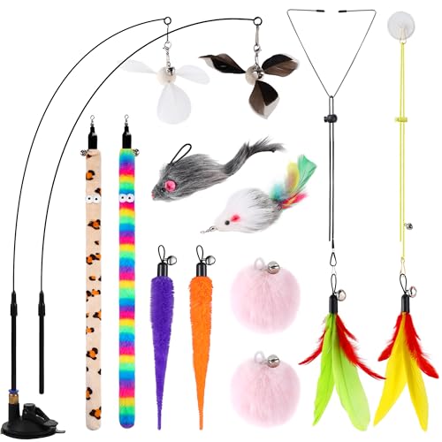 Soarer 4in1 Interactive Cat Feather Toys12Pcs Durable Fishing Pole Cats Feathers Toy ReplacementsEnhanced Suction Cup Cats Wand Toy2 Types Door Hanging Cat String Toys for Indoor Kitten - Image 1