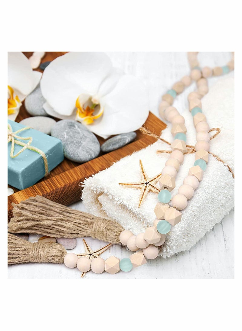 SYOSI Wood Bead Garland with Tassels Geometric Wooden Craft Beads with Aqua Acrylic Beads Boho Farmhouse Country Rustic Wall Hanging Rae Dunn Tiered Tray Coffee Table Beach Decor - Image 4