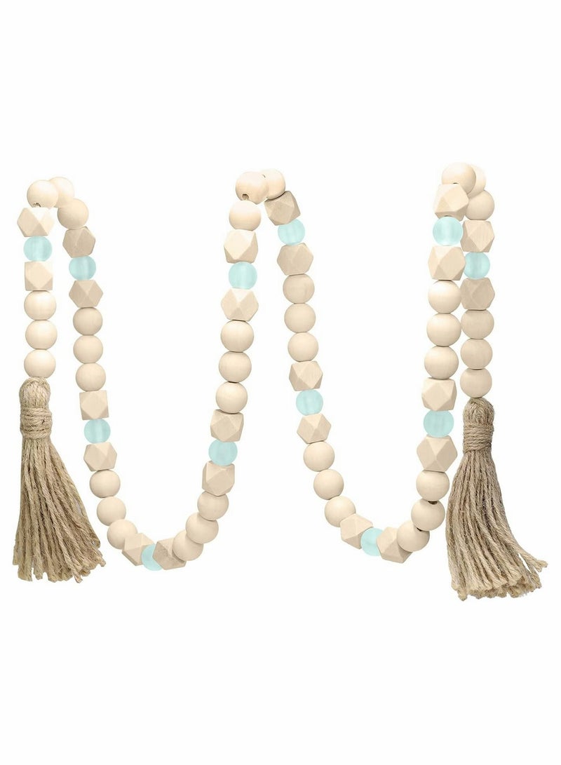 SYOSI Wood Bead Garland with Tassels Geometric Wooden Craft Beads with Aqua Acrylic Beads Boho Farmhouse Country Rustic Wall Hanging Rae Dunn Tiered Tray Coffee Table Beach Decor - Image 1