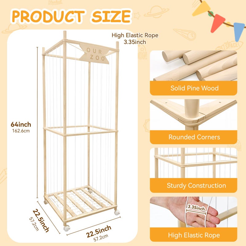 Megapuxin Stuffed Animal Storage Zoo with Wheels, Wooden Large Stuff Animals Plushies Holder, 22.5" D x 22.5" W x 64" H Toy Organizer Storage Cage with Elastic Band and Net for Nursery Playroom Bedroom - Image 2
