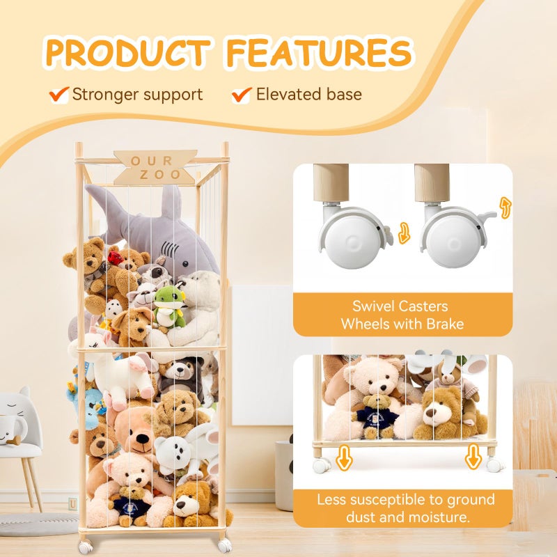 Megapuxin Stuffed Animal Storage Zoo with Wheels, Wooden Large Stuff Animals Plushies Holder, 22.5" D x 22.5" W x 64" H Toy Organizer Storage Cage with Elastic Band and Net for Nursery Playroom Bedroom - Image 4