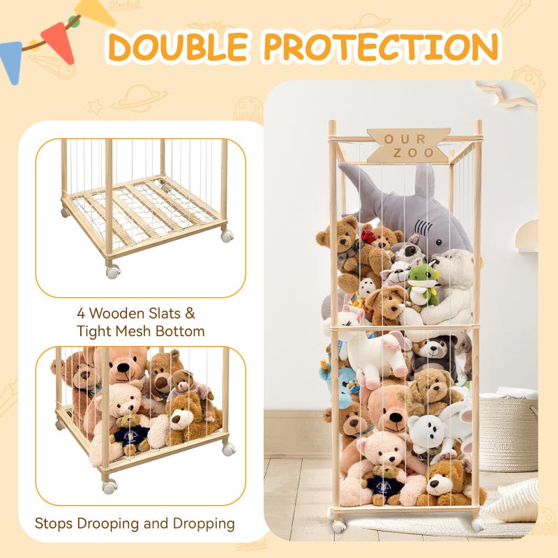 Megapuxin Stuffed Animal Storage Zoo with Wheels, Wooden Large Stuff Animals Plushies Holder, 22.5" D x 22.5" W x 64" H Toy Organizer Storage Cage with Elastic Band and Net for Nursery Playroom Bedroom - Image 5