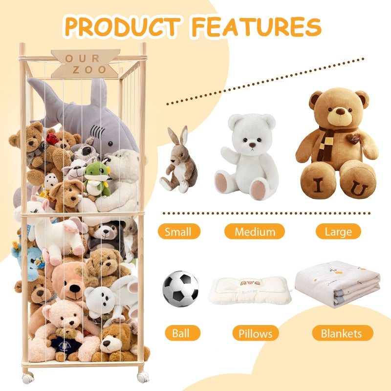 Megapuxin Stuffed Animal Storage Zoo with Wheels, Wooden Large Stuff Animals Plushies Holder, 22.5" D x 22.5" W x 64" H Toy Organizer Storage Cage with Elastic Band and Net for Nursery Playroom Bedroom - Image 3