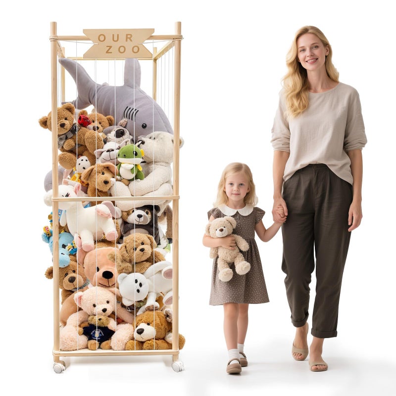 Megapuxin Stuffed Animal Storage Zoo with Wheels, Wooden Large Stuff Animals Plushies Holder, 22.5" D x 22.5" W x 64" H Toy Organizer Storage Cage with Elastic Band and Net for Nursery Playroom Bedroom - Image 1