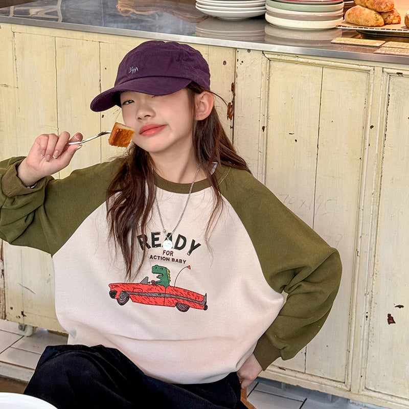 Girls' T-Shirt Autumn Style Middle And Big Kids Contrast Sleeve Cartoon Loose Long Sleeve Top Western Style Base Shirt Trendy - Image 3