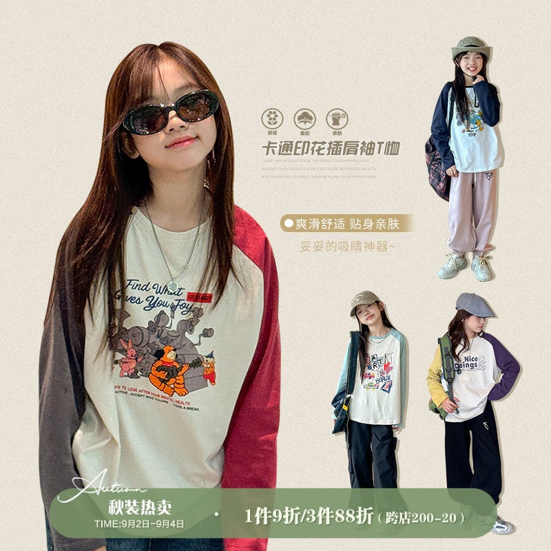 Girls' T-Shirt Autumn Style Middle And Big Kids Contrast Sleeve Cartoon Loose Long Sleeve Top Western Style Base Shirt Trendy - Image 2